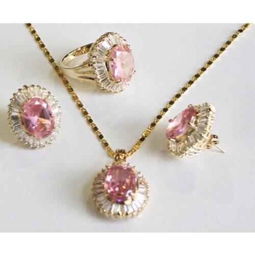 Crystal Pendant Neckalce Earrings Ring Set Gold Color Jewelry Sets Zircon White Pink Yellow Green Stone Jewellery Women Gifts