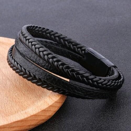 Multi-Layer PU Leather Rope Hand-Woven Vintage Magnetic Buckle Jewelry Bracelet Mens Bracelet
