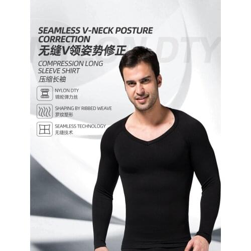 2021 Men Thermal Underwear Autumn Winter Seamless V-neck Long Sleeve Corset Tight Abdomen Body Shaper Black Shapewear Shirts top