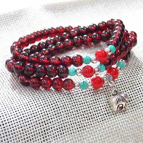 Natural Crystal 6mm Rock Crystal Multi-layer garnet Beads Tibetan elephant Prayer Mala Bracelet For Woman Buddhist Jewelry