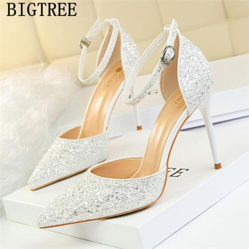 New Arrival 2021 Mary Jane Shoes Glitter Heels Bigtree Shoes Women Pumps Stiletto Wedding Shoes Bride Red Heels Tacones Mujer