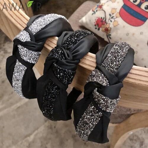 Women Hairbands Knotted Headbands Crystal Rhinestone Wide Hair Bands Girls Vintage Twisted Tie Headwear for Hair Accessories
