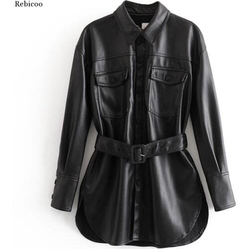 Women Sexy Pu Jacket with Belt Button Elegant Coat Femme Spring Summer High Street Pu Outwear Coat