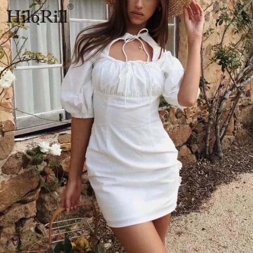 HiloRill Sexy Bow Tie Hollow Out White Mini Dress Women Lantern Short Sleeve Summer Dress Ladies A Line Chic Dresses Vestidos