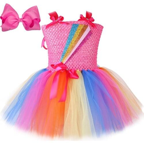 Sweet Jojo Siwa Tutu Dress with Hair Bow Girls Tulle Rainbow Princess Dress Costume Kids Party Birthday Dress Children Clothing