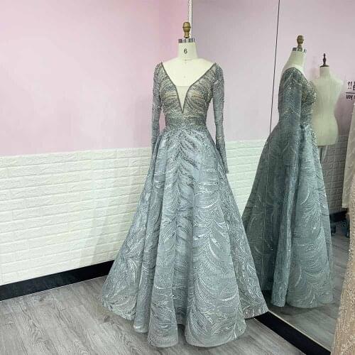 Luxury Dubai Silver Long Sleeve Evening Party Gows Elegant V Neck Lace Embroidery Rhinestones Ball Gown Muslim