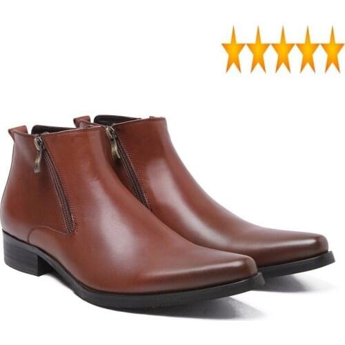 Work Top Brand Genuine Leather Black Pointed Toe Luxury Fashion Classic Business Office Formal Ankle Boots Men Shoes
