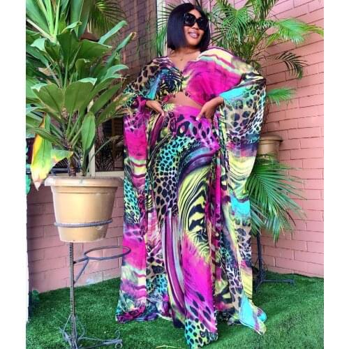 2021 Top Fashion 2 Piece Set African Dresses For Women Two Piece Sets Chiffon Print Long Abaya+Loose Pants Set Suit Vestidos