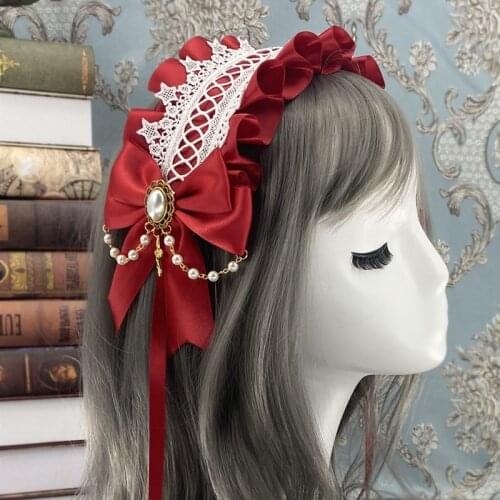 Japanese Headdress Lolita Girls Sweet Gothic Headband Hidden Clip Bows Floral Lace Bead Chain Chiffon Headwear Women Accessories