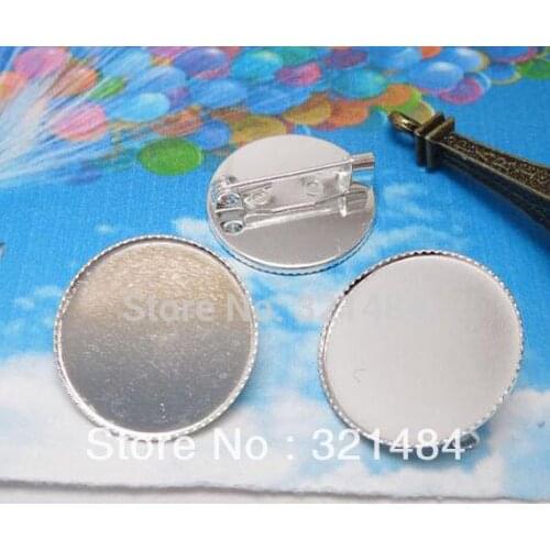 Bright Silver Plated 200pcs For 20mm Round Cabochon Teeth Edge Brooch Blank Base with Safety pin DIY Setting Free shipping