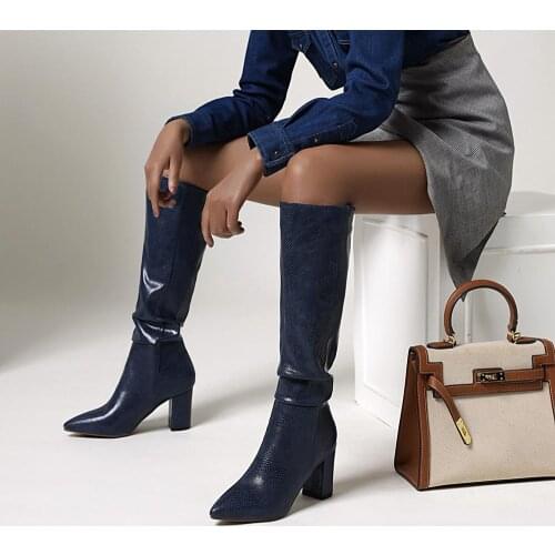 2020 High Heel Knee High Boots Women Shoes Faux Leather Pleated Long Boots Pointed Toe 34-43 Autumn Winter Boots