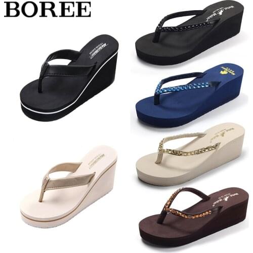 Summer Womens Flip Flops Fashion Rhinestone Beach Platform Slippers Women High Heels Outdoor Non-Slip Wedge Sandals Flat Shoes