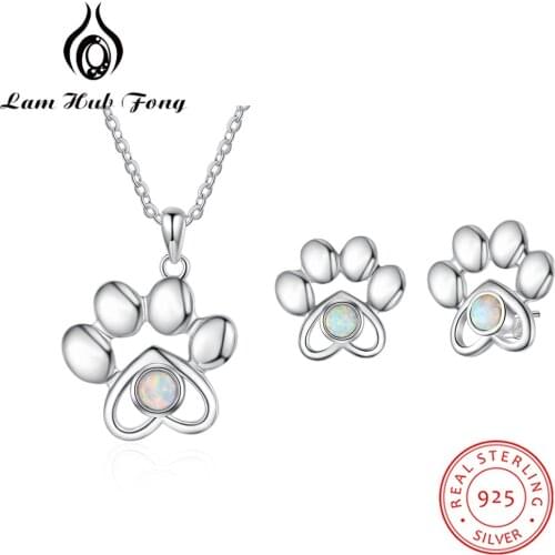 Women Jewelry Sets Necklaces Earrings Cute Paw Necklaces Pendant Animal Dog Footprints Stud Earrings Opal Jewelry (Lam Hub Fong)