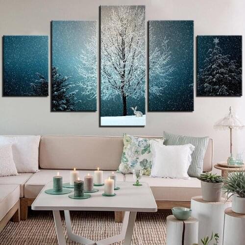 5 Pieces HD Winter Canvas Wall Art Painting Snow Scenery Tree and Rabbit Posters Living Room Home Decor Romantic Snow Pictures