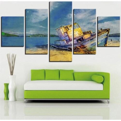 5 Pieces Ship Boat Canvas Oil Painting Seascape Posters Blue Sky Pictures For Home Shop Improvement Decor Art Wallpapers