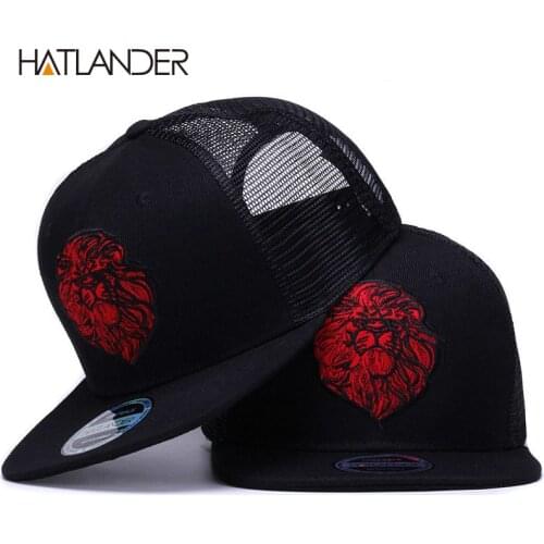[HATLANDER]Original black baseball caps for boys girls summer sun hats embroidery lion mesh snapbacks hip hop bone trucker hat