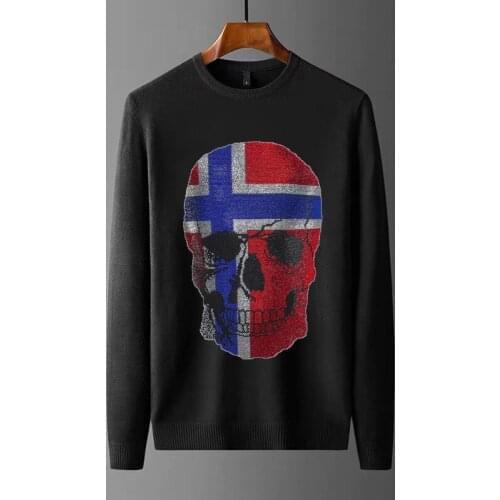 Brand Winter Clothing Autumn White Diamond Mens Sweater Front Rhinestone Knitted Thick Pullover Chic Shiny Solid Color