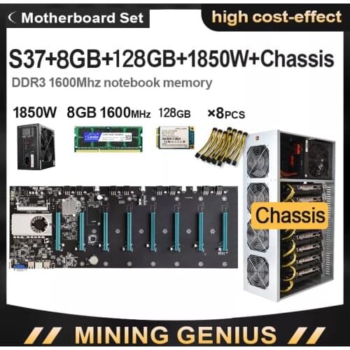 Mining Motherboard BTC-S37 Etherum Mining CPU Set with 8GB DDR3 1600MHz RAM 1850W power supply 128GB mSATASSD Power Cable Chassi