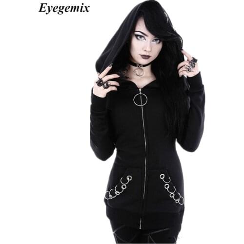 Long Gothic Punk Women Hoodies Iron Ring Black Loose Hood Long Sleeve Casual Sweatshirt Plus Size Oversize Tracksuit Hoody