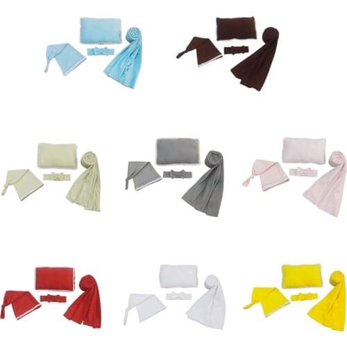 Newborn Baby 4Pcs Photography Props Headband Knotted Hat Swaddle Blanket Pillow
