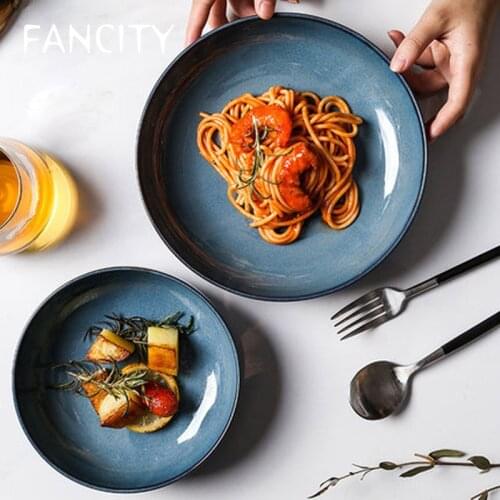 FANCITY Japanese deep dish creative Nordic ins style home large deep dish kiln turned retro western plate salad fruit plate