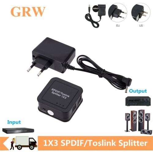Grwibeou 1x3 SPDIF TOSLINK Audio Splitter Fiber Divider Digital Optical 1 Input 3 Output Audio Splitter Adapter with US/EU Plug