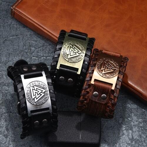 Hiyong Totems Design Nordic Viking Odin Bracelet Men Handmade Weave Wide Leather Wristband Adjustable Bangle Punk Jewelry Gifts