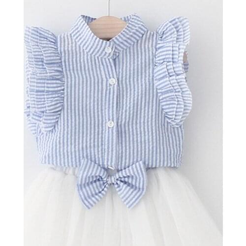 Toddler Girls Clothing Set Striped Sleeveless Tops Shirt Bow Mesh Skirt Kids Girls Set Summer Boutique Cotton Girls Outfits