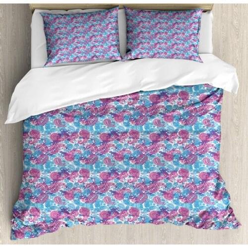 Paisley Duvet Cover Set Digital Design with Classic Pattern 3 Piece Bedding Set Dark Magenta Sky Blue Dark Violet White