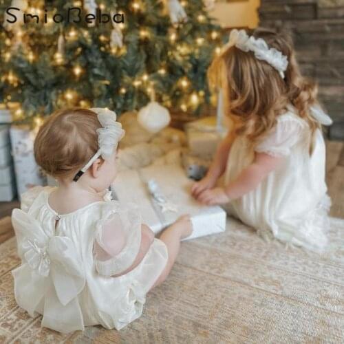 Summer Handmade Children Girls Romper With Bow Series Korean Mesh Dress Short Sleeve Wedding Princess Jumpsuits Outfit 1-6Yrs