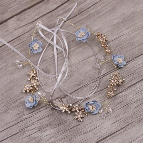 Lovely Flower Blue Pink Handmade Yarn Jewelry Bendable Soft Chain Tiara Brides Headbands Wedding Hair Accessories