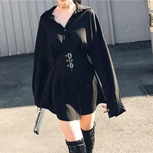 NiceMix New Style Gothic Women Sexy Mini Dress Black Metal Girdle Shirt Dress A-Line Button Lapel Fashion Girls Punk Short Dress