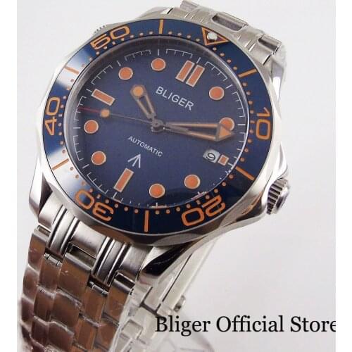BLIGER Self Winding Men Wristwatch Sapphire Glass Mental Band MIYOTA Movement Date Indicator