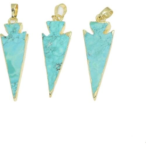 Raw Green Howlite Arrows turquoises jewelry pendant charms female long chakra stone flame boho with 24k gold electroplated bezel