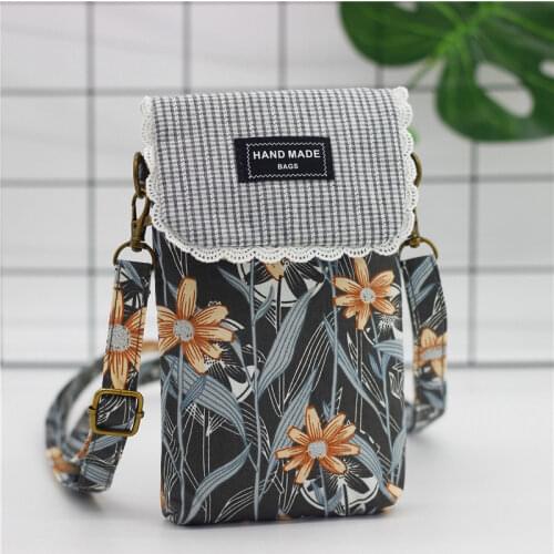 New fashion womens Small shoulder bag cotton flower messenger bag girls 6-inch large screen mobile phone bag