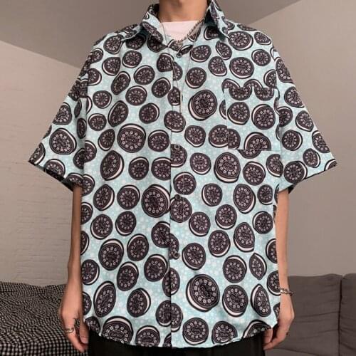 Summer New Men And Women Trendy Shirts Japanese Vintage Polyester Fun Cartoon Printing Short-Sleeved Casual Loose Shirt 8010