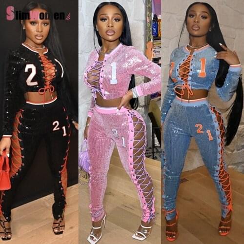 Sexy Fashion Sequined Lace Up Tracksuit Two Piece Bandage Baseball Collar Jacket Crop Top Pencil Pants Set Club Sequins Outfits