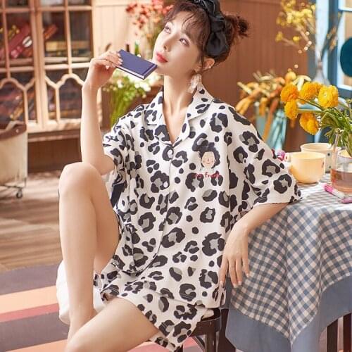 2 Piece Pajamas Set Women Sexy Shorts Nightwear Leopard Pajama Set Loose Casual Home Wear Female Short Sleeve Outfits Night Suit