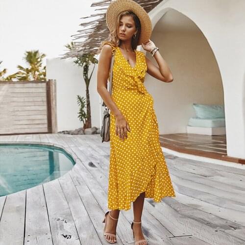 WYBLZ Sleeveless Summer Women Dress Boho Style Beach Dress Fashion V-neck Polka Dot Elegant Party Dress Yellow Sundress Vestidos