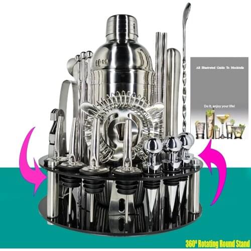 Bar Tool for Gift, Experience for Drink Mixing, Bartender Kit:30-piece Cocktail Shaker Set with Stainless Steel Rotating Stand
