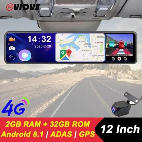 QUIDUX 12'' 4G Car DVR Mount Android 8.1 ADAS Rear View Mirror Camera FHD 1080P WiFi GPS Dash Cam Registrar Video Recorder 2+32G