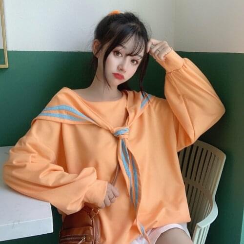 Kawaii Solid Hoodie Orange/White Loose Cute Sweatshirts Hoodie Women Long Sleeve Tracksuit Female Casual Basic Pullovers Tops