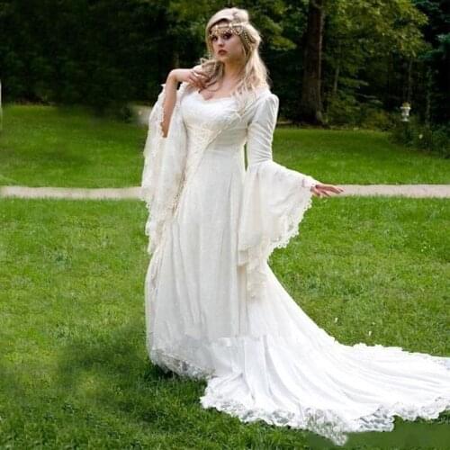 Vintage Fairy Lace Wedding Dresses A Line 2021 Bell Long Sleeve Ivory Gothic Corset Plus Size Wedding Dress Bridal Gowns Lace-up