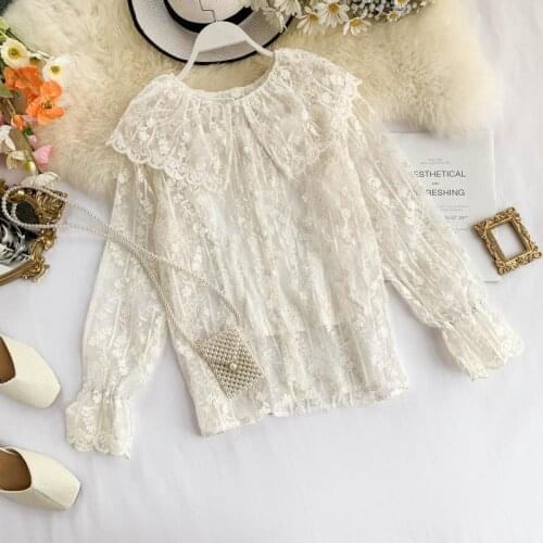 Womens Spring autumn Shirt Female sweety peter pan collar ruffles Shirt long sleeve lace patchwork chic Blouse TB33589