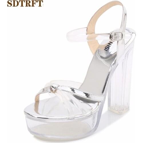 SDTRFT Summer Ankle Strap sandals female sexy crystal shoes woman 13cm Thick High Heels transparent platform pumps sandalias