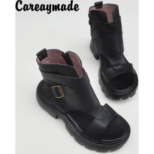 Careaymade-Summer leather retro cool boots womens top leather medium thick heeled muffin thick soled wenssen high top sandals
