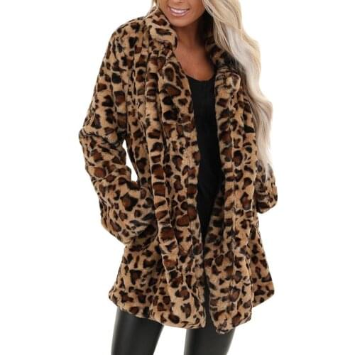 Women Leopard Fur Pocket Fashion Warm Winter Outwear Long Coat Comfortable Slim Long Sleeve Thick Winter Coat Casaco Feminino