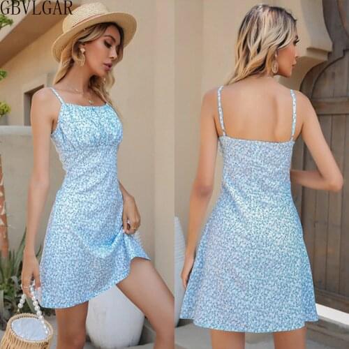 Summer 2021 New Sexy Backless Spaghetti Strap Short Dress Fashion Sleeveless Floral Pleated Sling Chiffon Dress Ladies Dresses
