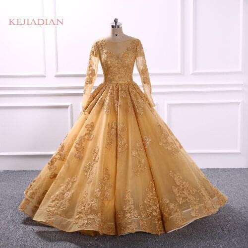 Luxury robe de soiree 2020 gold Long Sleeve wedding dress Lace Appliques Puffy wedding Dress Bridal Gown Vestido de Novia