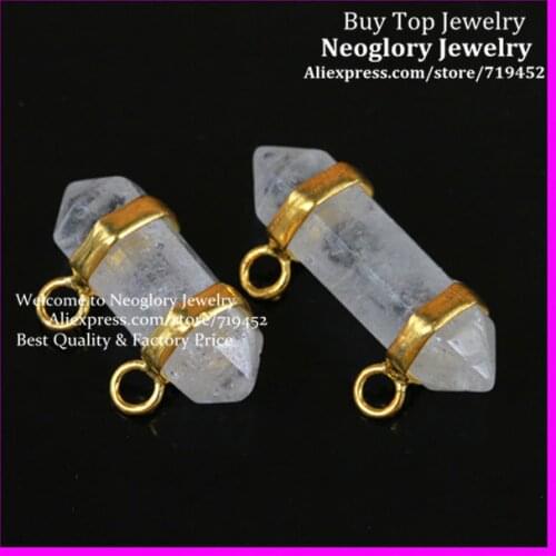 10PCS Healing Chakra Druzy Stone Pendant Gold Color 2 Holes Rock Crystal Quartz Gems Hexagon Prism Bead Pendant Fit Necklace